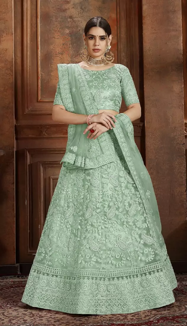 Light-green embroidered net Semi Stitched bridal lehenga