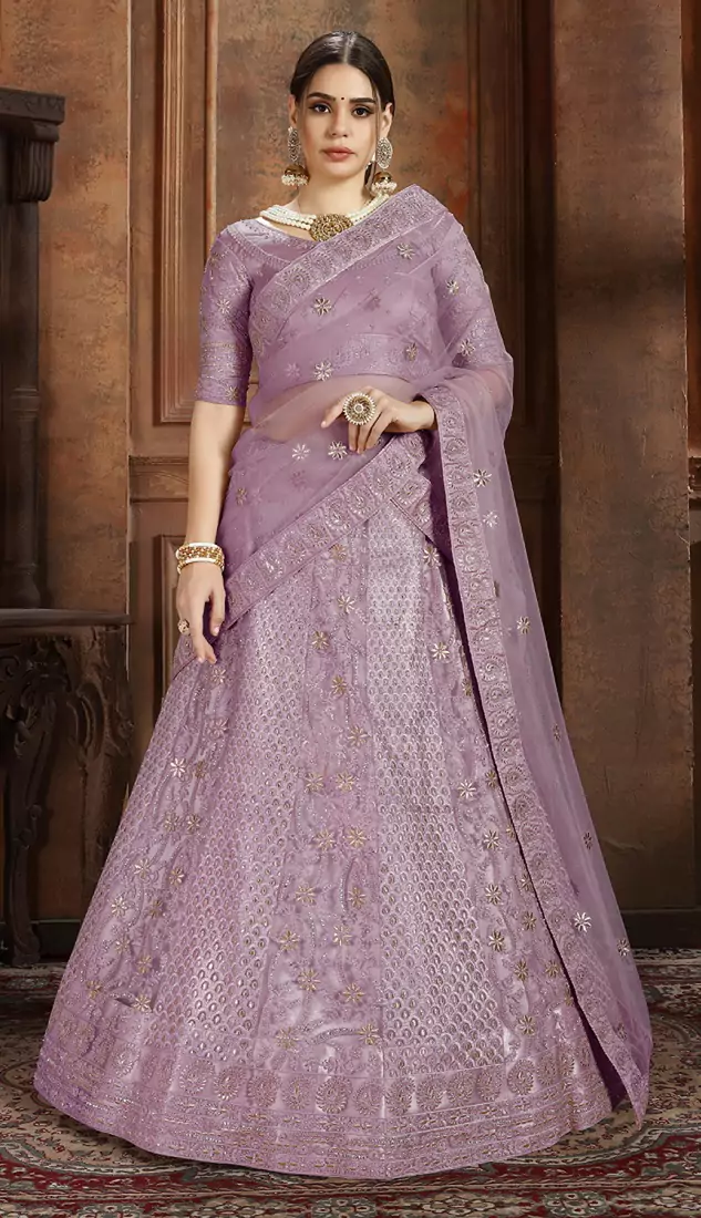 Purple embroidered net Semi Stitched bridal lehenga