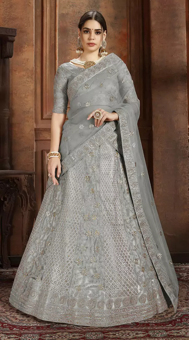 Grey embroidered net Semi Stitched bridal lehenga