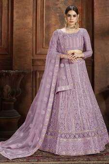 Purple embroidered net semi stitched lehenga