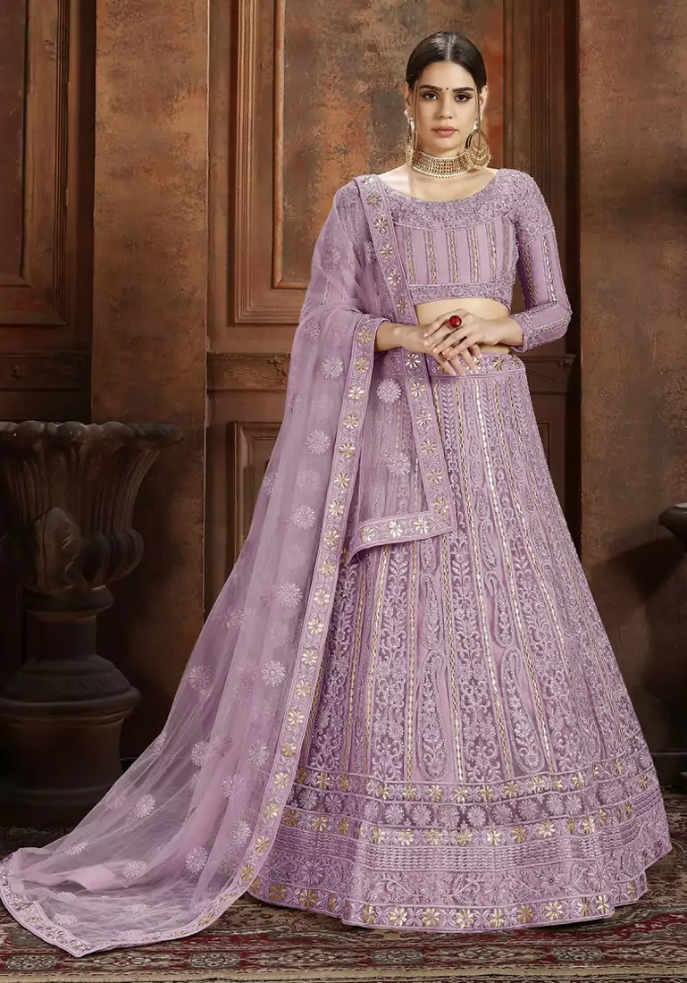 Purple embroidered net semi stitched lehenga