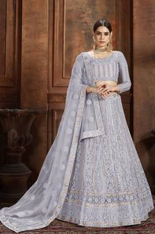 Grey embroidered net semi stitched lehenga