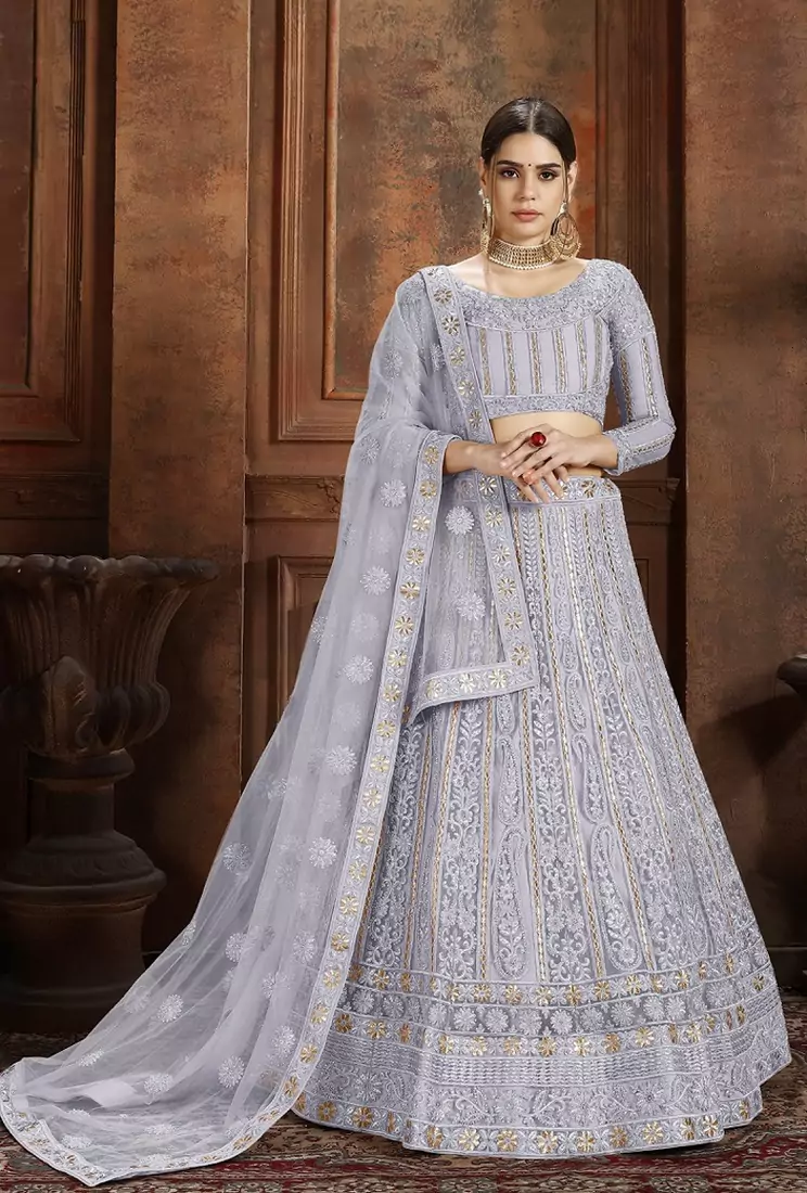 Grey embroidered net semi stitched lehenga