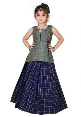 Kids Cotton Silk Grey Top And Blue Lehenga Choli Set For Girls  1