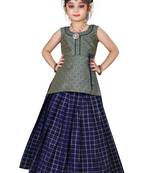 Kids Cotton Silk Grey Top And Blue Lehenga Choli Set For Girls 