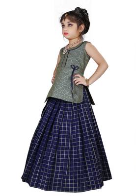 Kids Cotton Silk Grey Top And Blue Lehenga Choli Set For Girls  2