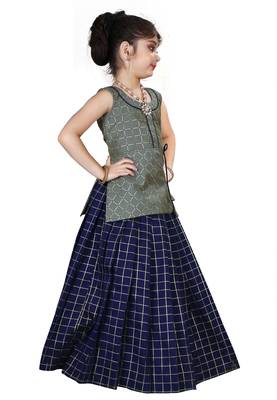 Kids Cotton Silk Grey Top And Blue Lehenga Choli Set For Girls  3