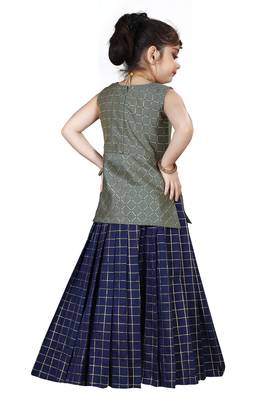 Kids Cotton Silk Grey Top And Blue Lehenga Choli Set For Girls  4