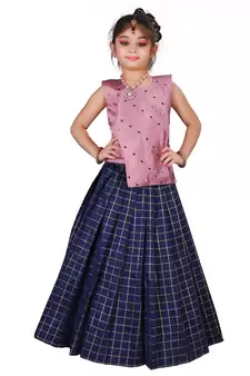 Kids Pink Top And Blue Lehenga Choli Set For Girls 