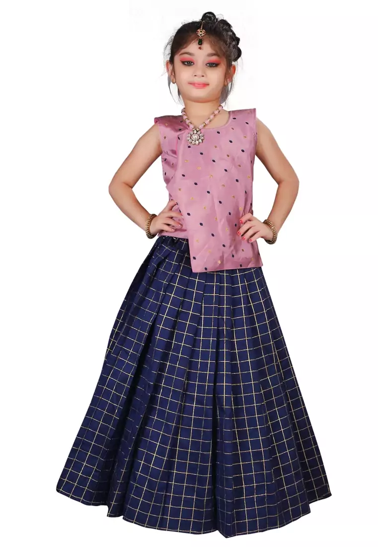 Kids Pink Top And Blue Lehenga Choli Set For Girls 