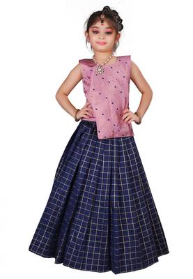 Kids Pink Top And Blue Lehenga Choli Set For Girls  1