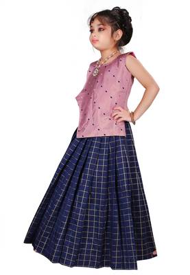 Kids Pink Top And Blue Lehenga Choli Set For Girls  2