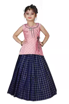 Kids Pink Top And Blue Lehenga Choli Set For Girls