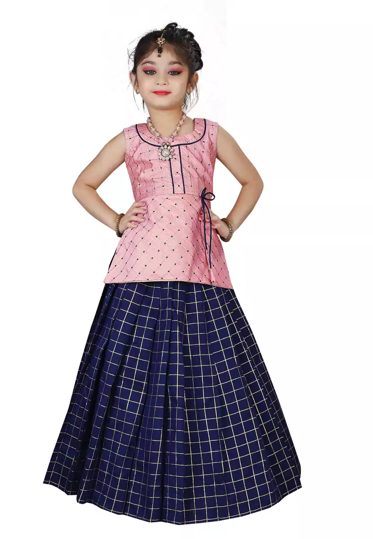Kids Pink Top And Blue Lehenga Choli Set For Girls