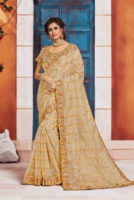 Gold Jute Silk Heavy Embroidered Work Fancy Designer Saree 1