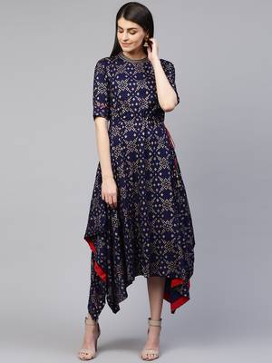 Pinksky Blue printed viscose rayon long-dresses 1