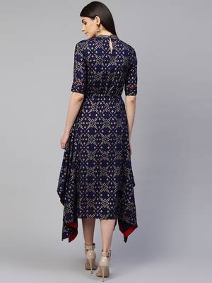 Pinksky Blue printed viscose rayon long-dresses 2