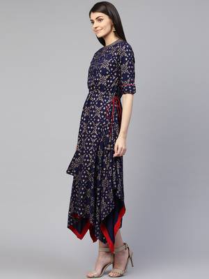 Pinksky Blue printed viscose rayon long-dresses 3