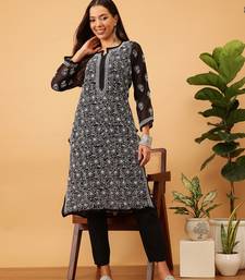 Hand Embroidered Black Faux Georgette Lucknow Chikankari Women Kurta