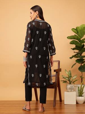 Hand Embroidered Black Faux Georgette Lucknow Chikankari Women Kurta 2