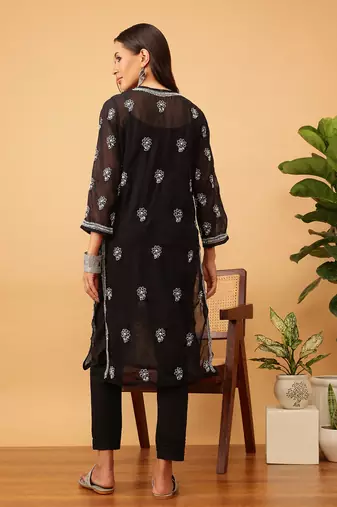 Hand Embroidered Black Faux Georgette Lucknow Chikankari Women Kurta