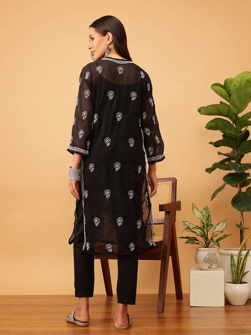 Hand Embroidered Black Faux Georgette Lucknow Chikankari Women Kurta