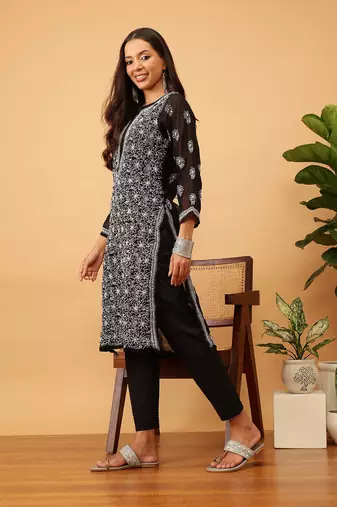 Hand Embroidered Black Faux Georgette Lucknow Chikankari Women Kurta