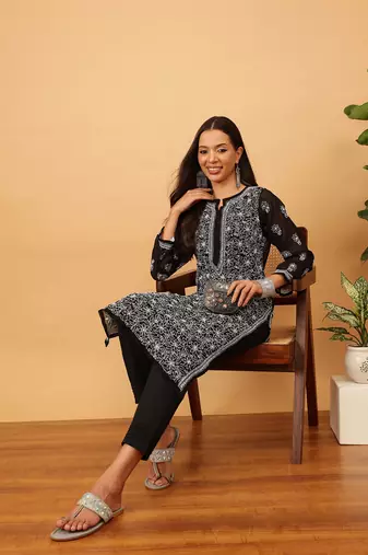 Hand Embroidered Black Faux Georgette Lucknow Chikankari Women Kurta