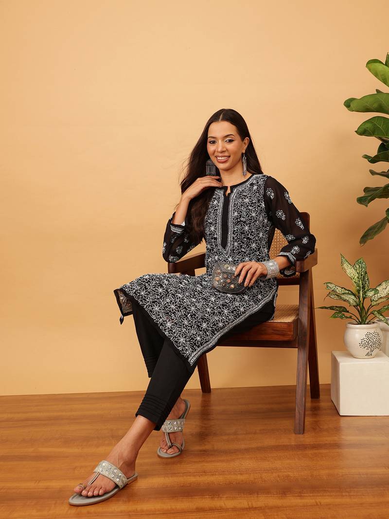 Hand Embroidered Black Faux Georgette Lucknow Chikankari Women Kurta