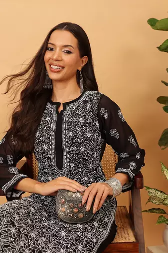 Hand Embroidered Black Faux Georgette Lucknow Chikankari Women Kurta