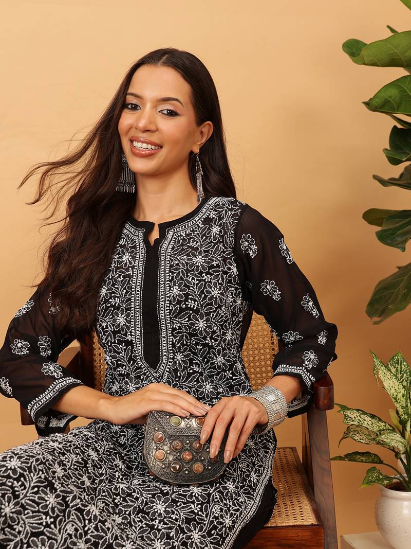 Hand Embroidered Black Faux Georgette Lucknow Chikankari Women Kurta