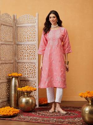 Hand Embroidered Peach Cotton Lucknow Chikankari Women Kurta 1