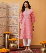 Hand Embroidered Peach Cotton Lucknow Chikankari Women Kurta