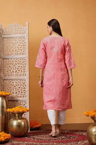 Hand Embroidered Peach Cotton Lucknow Chikankari Women Kurta