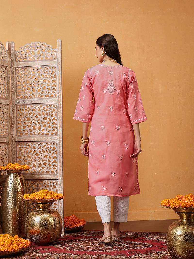 Hand Embroidered Peach Cotton Lucknow Chikankari Women Kurta