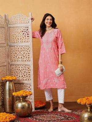 Hand Embroidered Peach Cotton Lucknow Chikankari Women Kurta 4