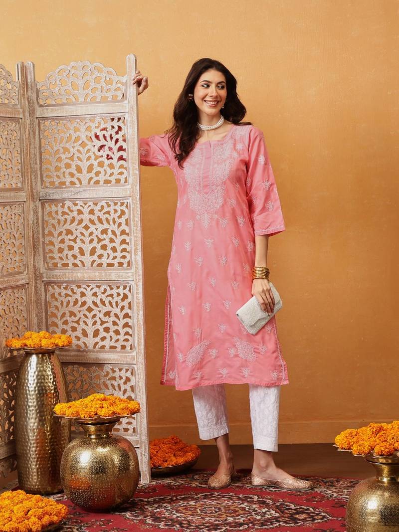 Hand Embroidered Peach Cotton Lucknow Chikankari Women Kurta