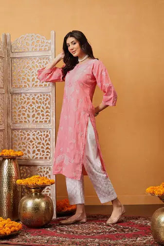 Hand Embroidered Peach Cotton Lucknow Chikankari Women Kurta