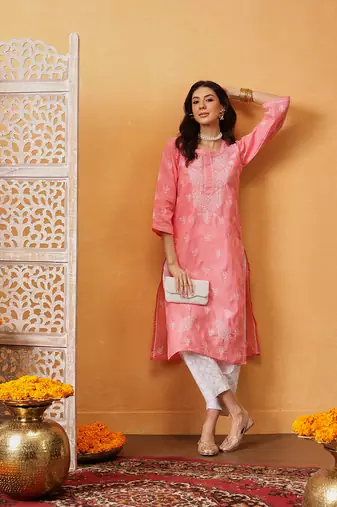 Hand Embroidered Peach Cotton Lucknow Chikankari Women Kurta