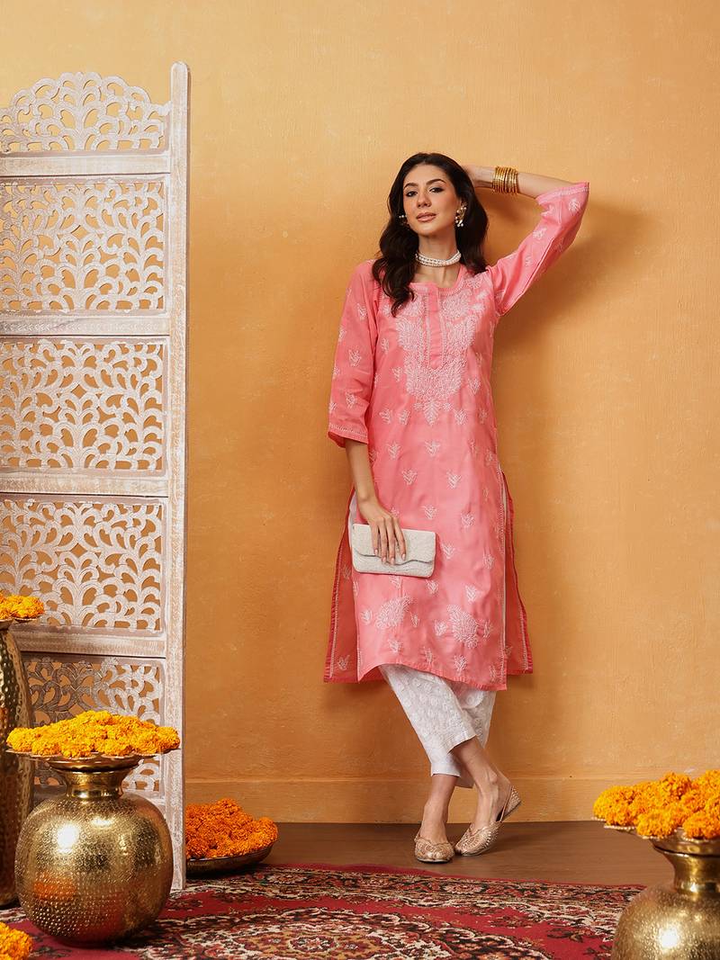 Hand Embroidered Peach Cotton Lucknow Chikankari Women Kurta