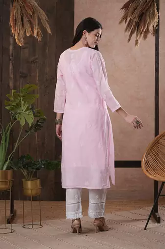 Hand Embroidered Pink Cotton Lucknow Chikankari Women Kurta