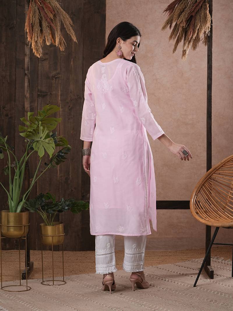Hand Embroidered Pink Cotton Lucknow Chikankari Women Kurta
