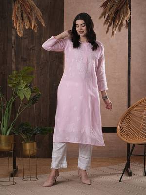 Hand Embroidered Pink Cotton Lucknow Chikankari Women Kurta 4