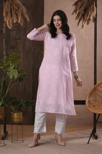 Hand Embroidered Pink Cotton Lucknow Chikankari Women Kurta