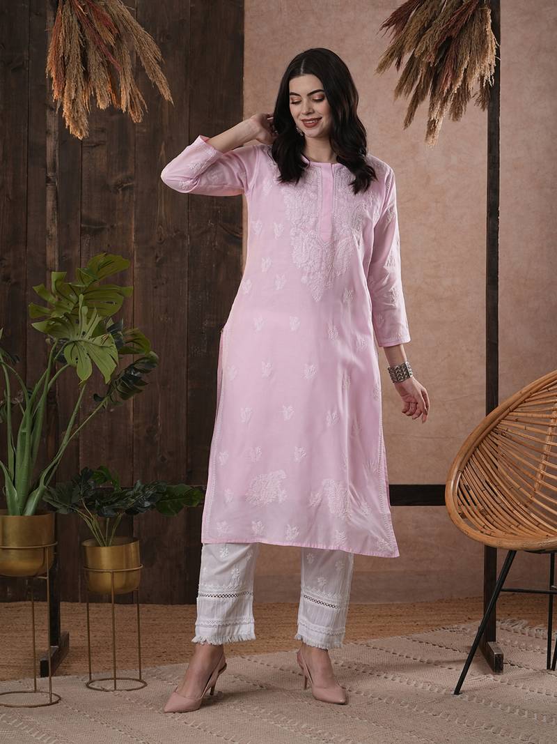 Hand Embroidered Pink Cotton Lucknow Chikankari Women Kurta