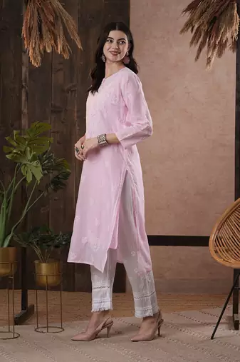 Hand Embroidered Pink Cotton Lucknow Chikankari Women Kurta