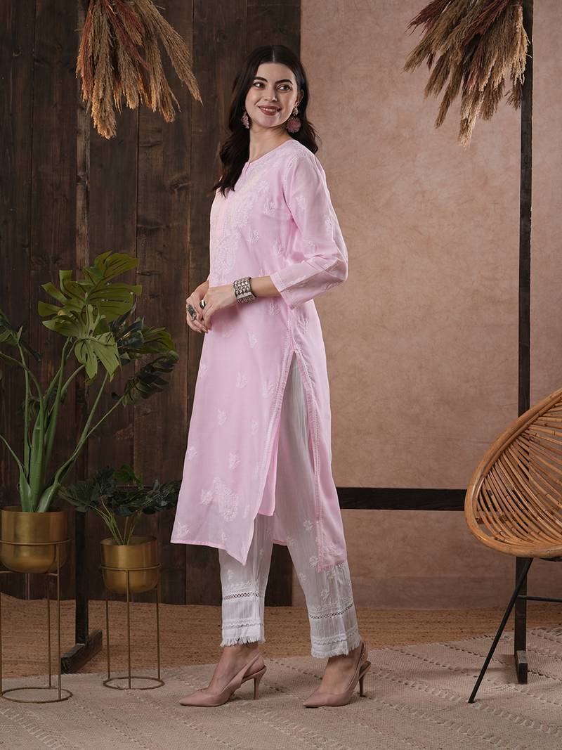 Hand Embroidered Pink Cotton Lucknow Chikankari Women Kurta