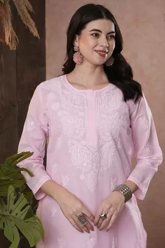 Hand Embroidered Pink Cotton Lucknow Chikankari Women Kurta