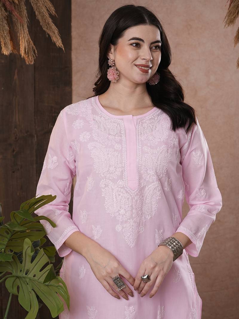 Hand Embroidered Pink Cotton Lucknow Chikankari Women Kurta