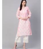 Ada Hand Embroidered Baby Pink Cotton Lucknowi Chikan Women Kurti - A100365